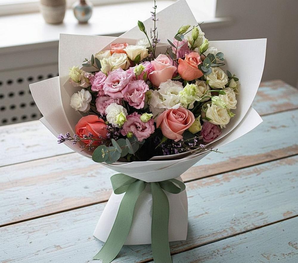 Букет цветов из: Розы, Лизиантусы и Гвоздики в Инженерный-1