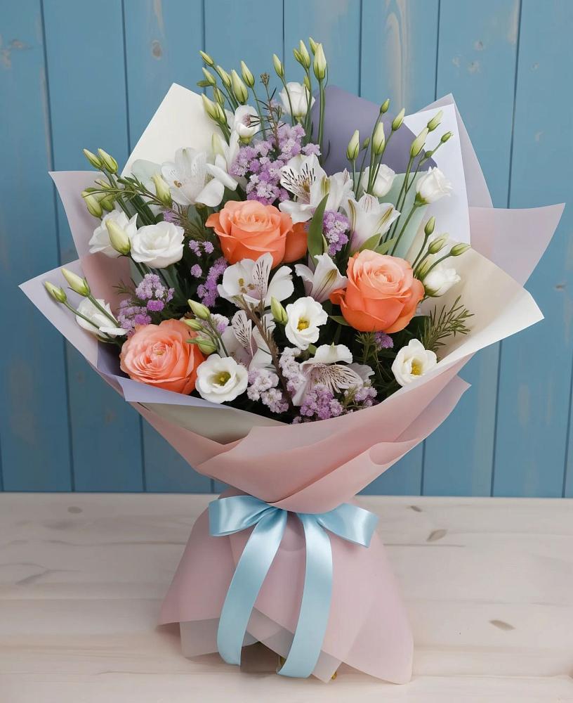 Букет цветов из: Лизиантусы, Розы, Альстромерии и Гипсофила в Инженерный-1