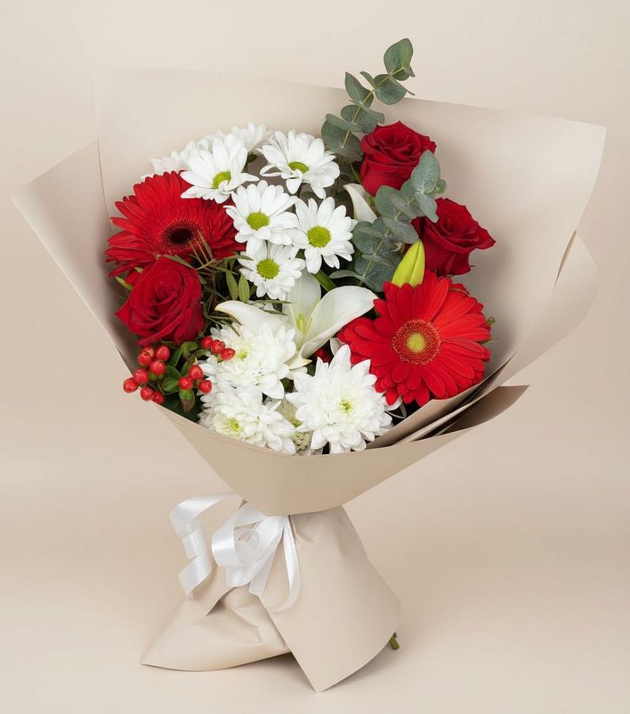 Букет цветов из: Розы, Хризантемы, Герберы и Лилии в Инженерный-1