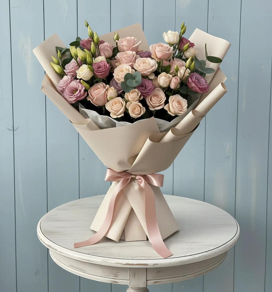 Букет цветов из: Розы и Лизиантусы в Инженерный-1