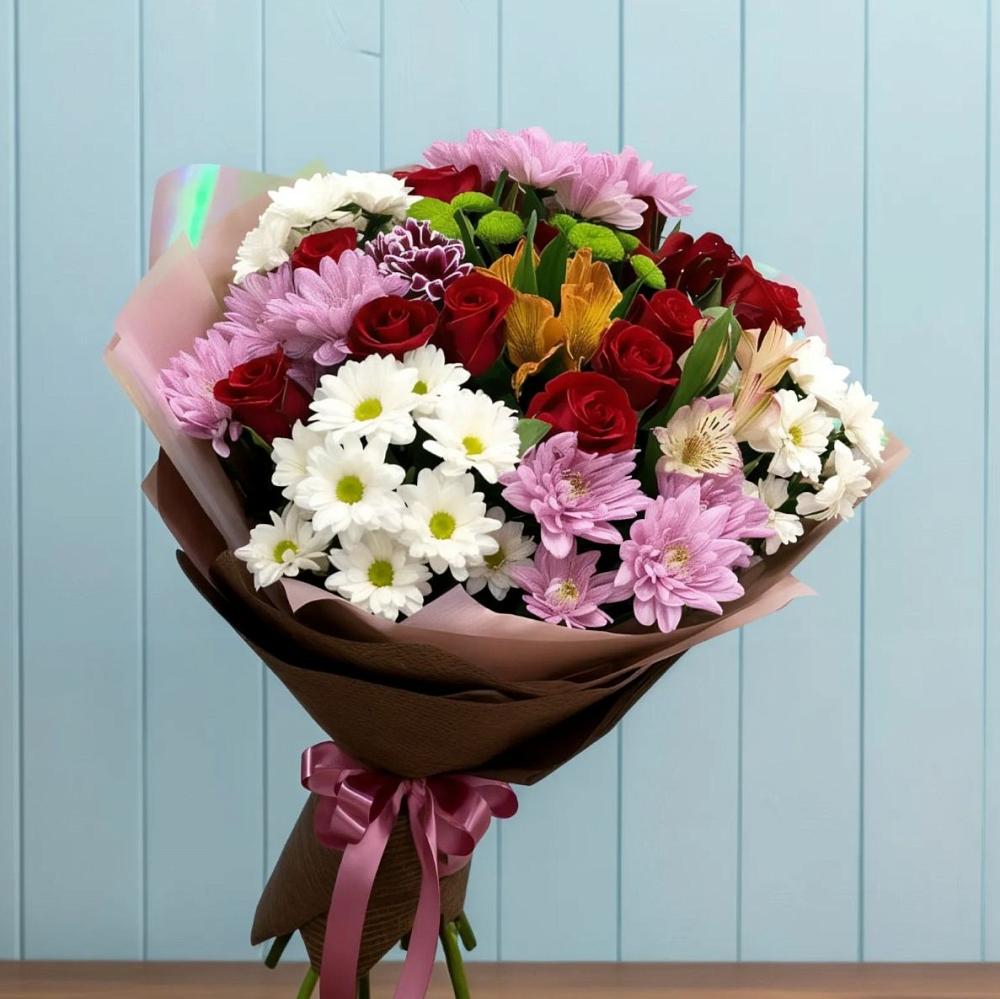 Букет цветов из: Розы, Хризантемы и Альстромерии в Инженерный-1