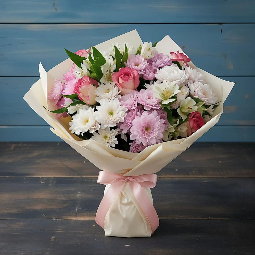 Букет цветов из: Хризантемы, Альстромерии и Розы в Инженерный-1